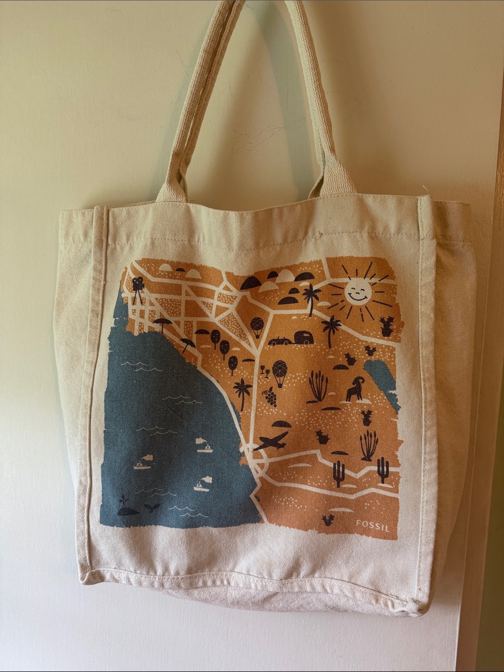 Fossil Canvas Tote with California Coastal Map Print - Cream, Blue, Tan